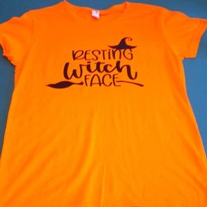 Resting Witch Face Orange and Black Tee Size Medium